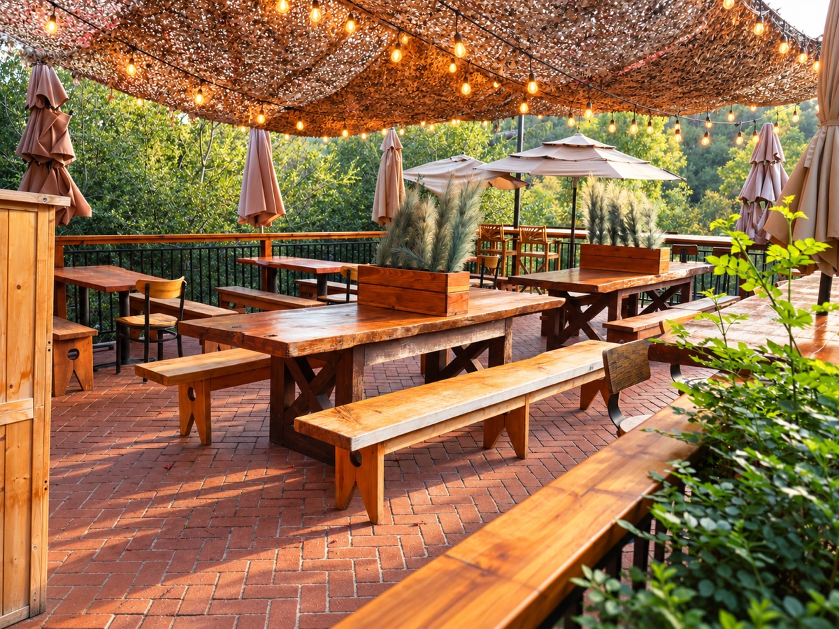 Rooftop tables beneath the shade